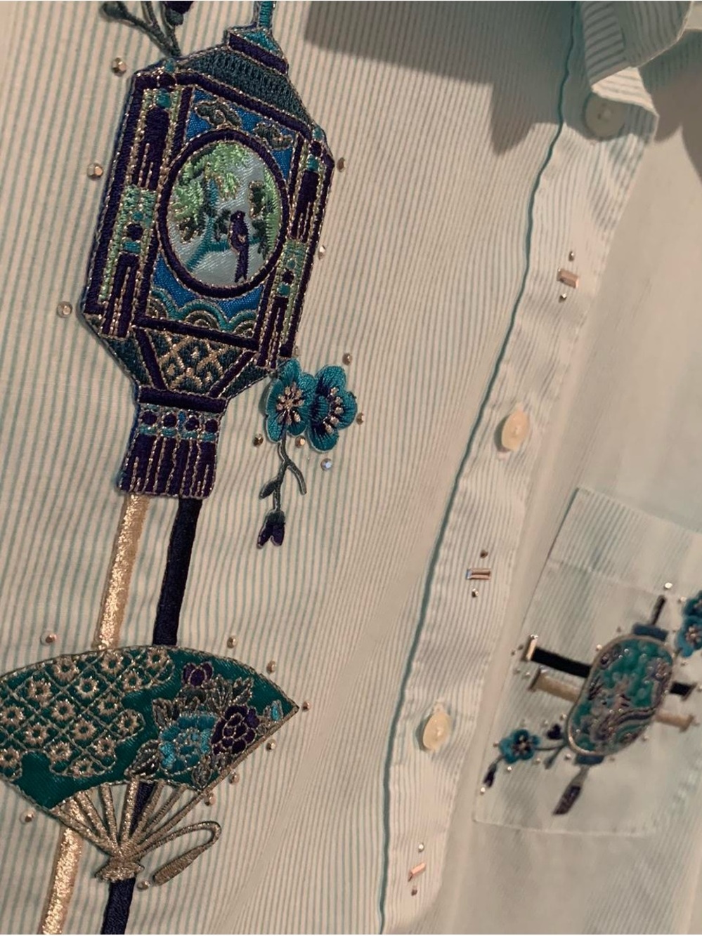 Embroidered aqua Asian button down - Picture 4 of 6